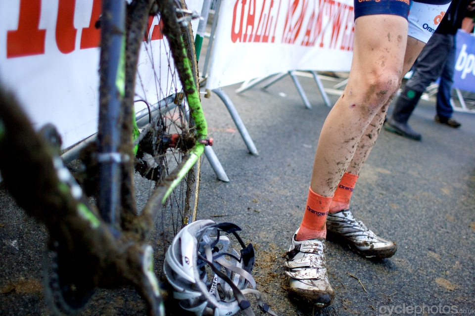 Muddy leg of a junior rider after the first round of the Bpost Trofee cyclocross race in Ronse, Belgium. Muddy leg of a junior rider after the first round of the Bpost Trofee cyclocross race in Ronse, Belgium.