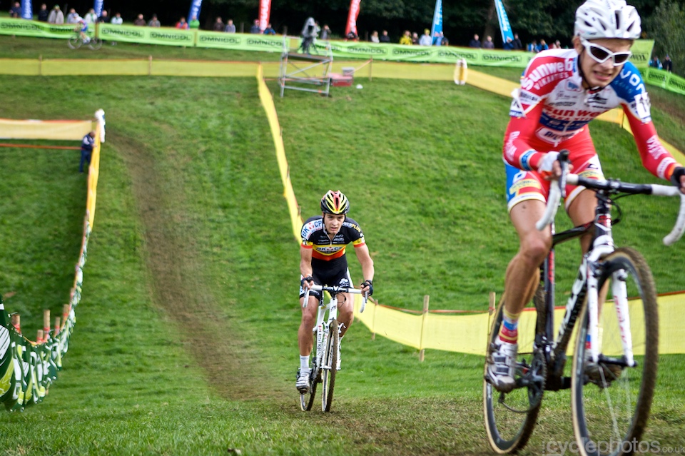 Belgian champion Wietse Bosmans chases Karel Hink during the first round of the Bpost Trofee cyclocross race in Ronse, Belgium. Belgian champion Wietse Bosmans chases Karel Hink during the first round of the Bpost Trofee cyclocross race in Ronse, Belgium.