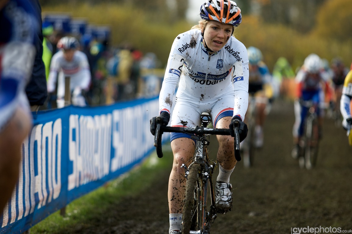 In the first few laps it seemed that Sanne van Paassen would carry on obliterating the field but she became slower and slower and then she lost the fight even for the third place. Note Helen Wyman in the background: this photo was taken in the first lap and it was so muddy that many riders, including her, opted to change bikes with only half lap into the race. In the first few laps it seemed that Sanne van Paassen would carry on obliterating the field but she became slower and slower and then she lost the fight even for the third place. Note Helen Wyman in the background: this photo was taken in the first lap and it was so muddy that many riders, including her, opted to change bikes with only half lap into the race.